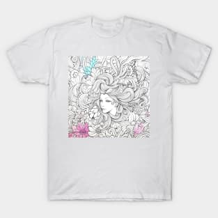 Young Woman's Flowing Hair Merging with Natural Elements T-Shirt